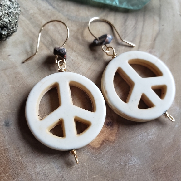 Hippie Peace Symbol Bone Beads Handmade Earrings - Picture 3 of 3